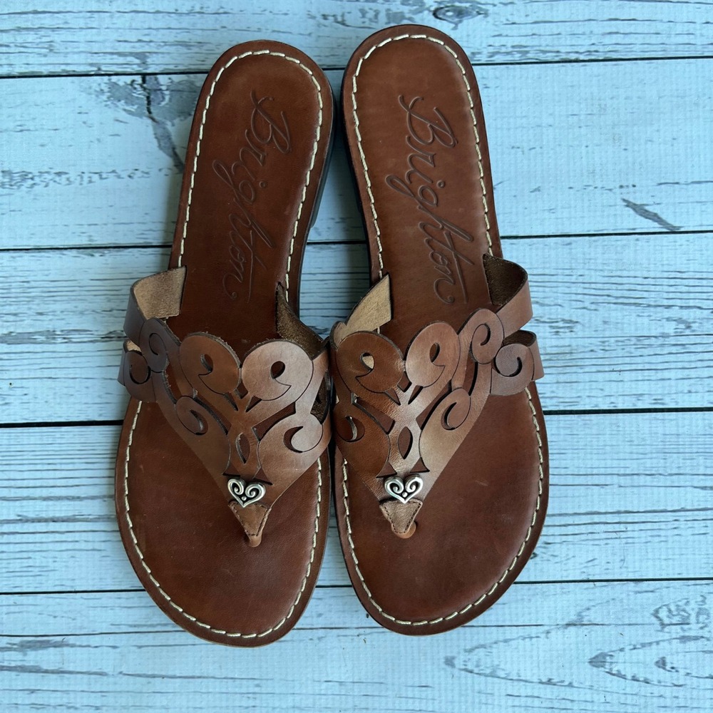 Brighton Alegre Brown Leather Laser Cut Heart Thong Sandals Womens 9M Brazil